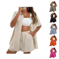Tanming Linen Shorts Sets for Women 2 Piece Casual Short Sleeve Button Down Shirts Wide Leg Shorts Lounge Set