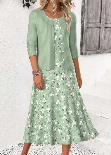 Modlily Sage Green Ditsy Floral Print Dress and Cardigan - L
