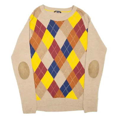 TOMMY HILFIGER Mens Patterned Jumper Brown Argyle Tight Knit M