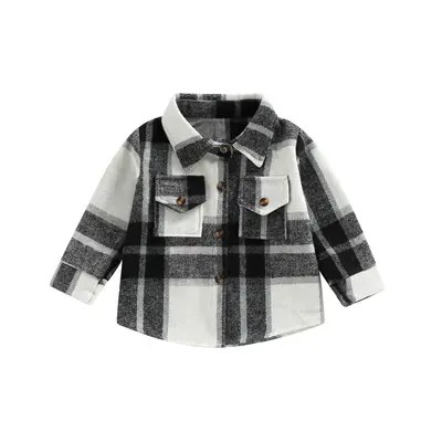 Toddler Boys Girls Plaid Shirt Button Down Long Sleeve Jacket Lapel Shacket Coat Tops Casual Outwear