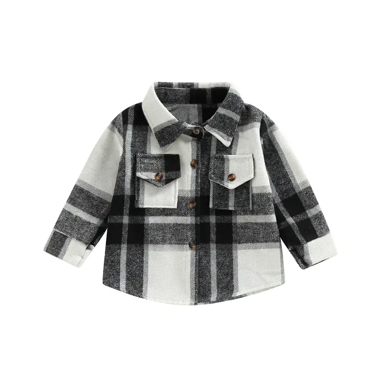 Toddler Boys Girls Plaid Shirt Button Down Long Sleeve Jacket Lapel Shacket Coat Tops Casual Outwear