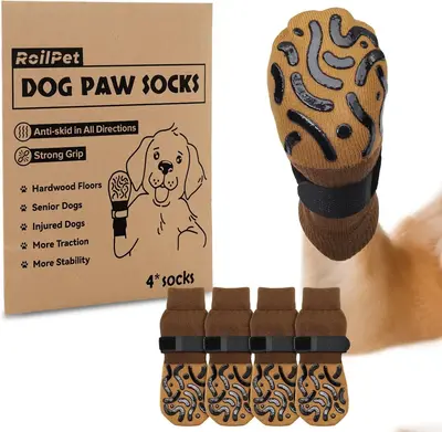 LOOBANI 4pcs Anti-slip Dog Socks Brown Double-Sided Silicone Grip for Hardwood Floors & Senior Dogs Strong Traction & Claw Pr...