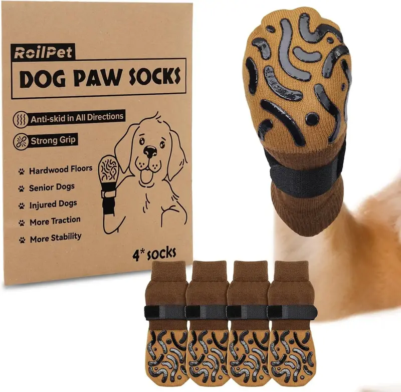 LOOBANI 4pcs Anti-slip Dog Socks Brown Double-Sided Silicone Grip for Hardwood Floors & Senior Dogs Strong Traction & Claw Pr...
