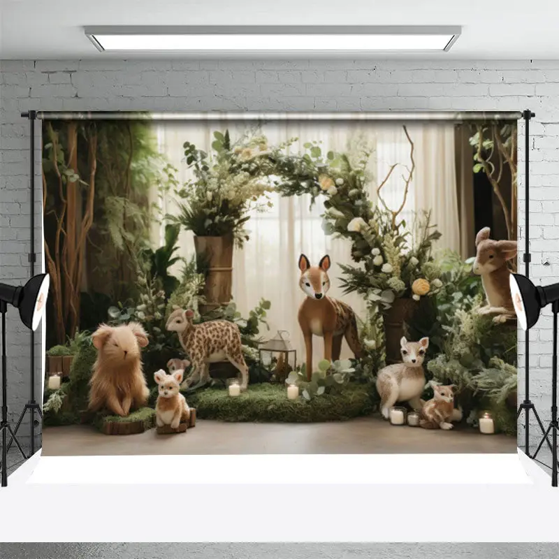 Animals Green Leaves Curtain Birthday Photo Backdrop - Aperturee