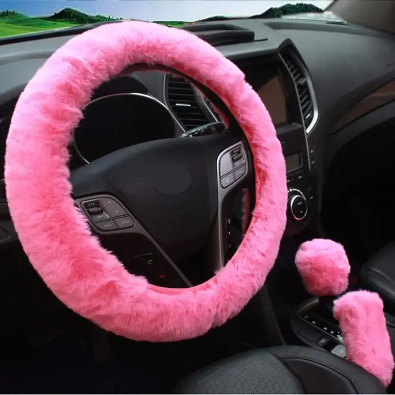 Car Steering Wheel Cover, 1 Set Universal Car Shift Hand & Brake Fluff Warm Cover, Fluffy & Soft Handle Gear Shift Protectiv...