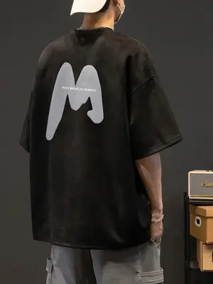 Men's Regular Fit Letter Print Round Neck Drop Shoulder Suede Tee, Crew Neck Short Sleeve T-Shirt for Men, Fashion Casual Com...