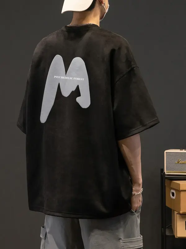 Men's Regular Fit Letter Print Round Neck Drop Shoulder Suede Tee, Crew Neck Short Sleeve T-Shirt for Men, Fashion Casual Com...