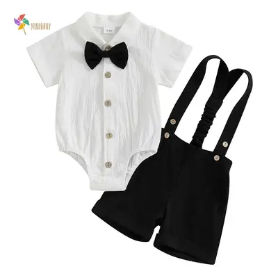 Newborn Baby Boy Gentleman Outfit Suit Short Sleeve Bowtie Romper Jumpsuit Suspender Shorts Set Summer Dress Clothes