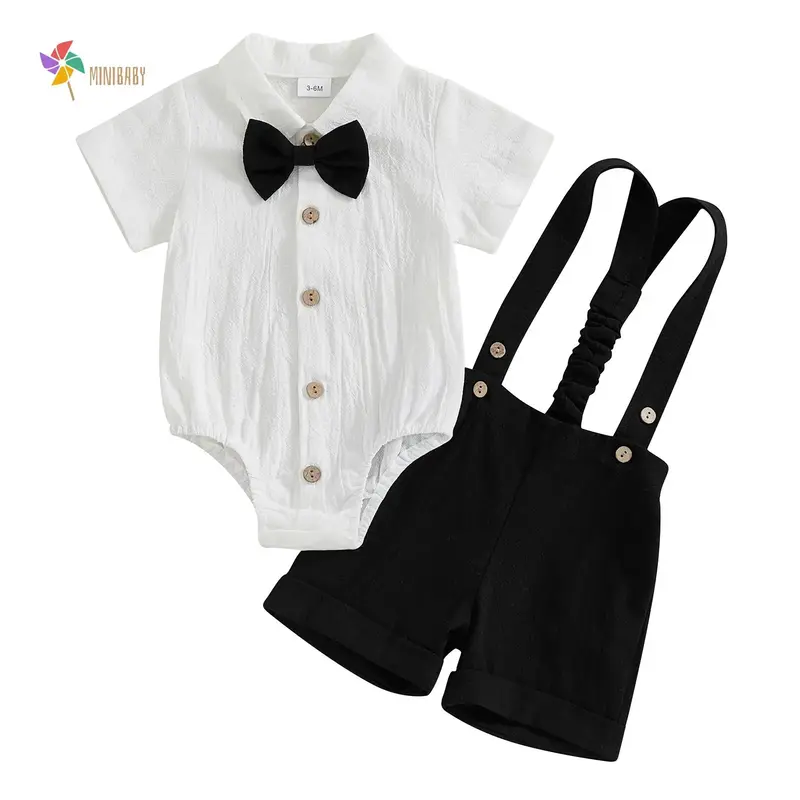 Newborn Baby Boy Gentleman Outfit Suit Short Sleeve Bowtie Romper Jumpsuit Suspender Shorts Set Summer Dress Clothes
