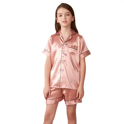 Premium Satin Pajama Set for Kids Baby Boys Girls Button-Up Short Sleeve Top & Shorts Loungewear Nightwear Gifts for Kids Cas...