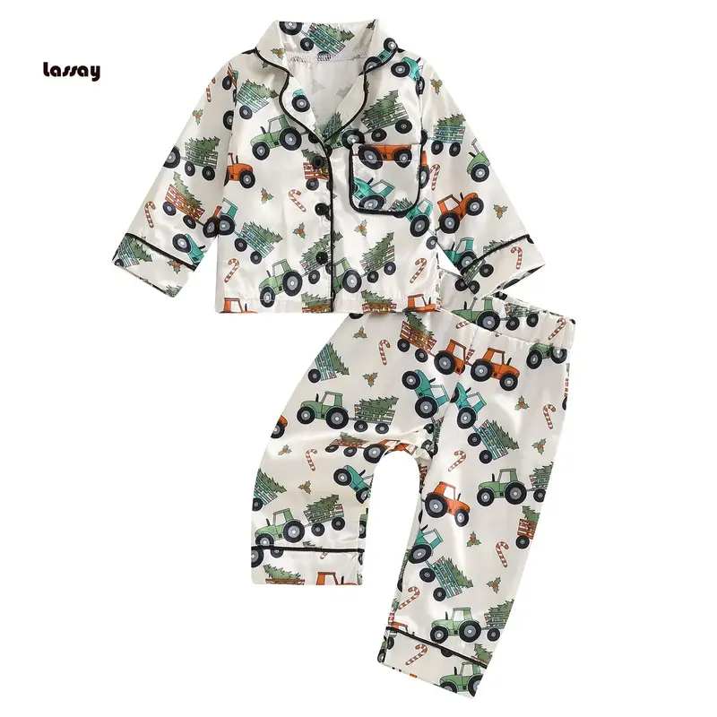 Kids Boys Pajamas Christmas Truck Print Button Long Sleeves Shirt and Pants Loungewear Sleepwear