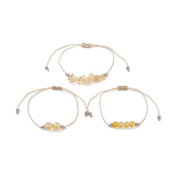 3Pcs 3 Style Natural Citrine Braided Bead Bracelets Set
