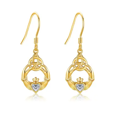 14K Gold Zircon Celtic Knot Drop Earrings