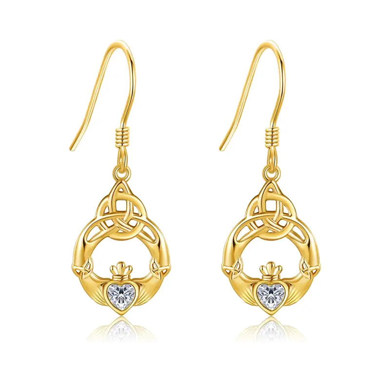 14K Gold Zircon Celtic Knot Drop Earrings