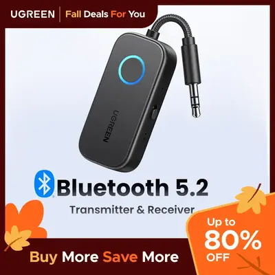 UGREEN Bluetooth 5.2 3.5mm Audio Transmitter/Receiver Adapter for Airpods or Headphones, for Flight, TV, Car Stereo, MP3 Hea...