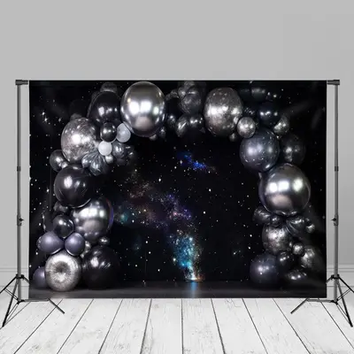 Starry Sky Silver Black Balloon Cake Smash Backdrop - Aperturee