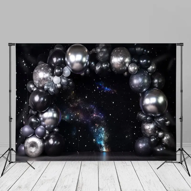 Starry Sky Silver Black Balloon Cake Smash Backdrop - Aperturee