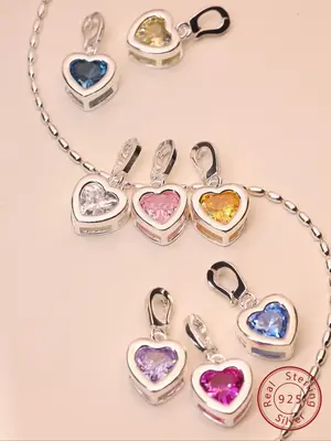 925 Sterling Silver Heart Shaped Pendant Necklace for Women & Girls, Birthday Stone Decor Pendant Necklace, Fashion Jewelry A...