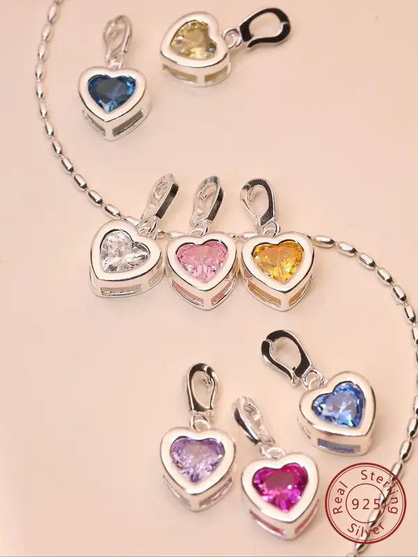 925 Sterling Silver Heart Shaped Pendant Necklace for Women & Girls, Birthday Stone Decor Pendant Necklace, Fashion Jewelry A...