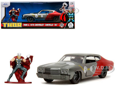 1970 Chevrolet Chevelle SS Gray Metallic and Red Metallic with Black Hood and Thor Diecast Figure \