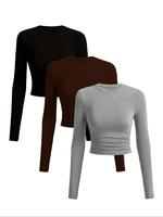 Women's Basic Solid Ruched Long Sleeve Slim Tee, Casual Comfort Round Neck T-shirt for Fall, Women's Fall T Shirts Clothes, W...