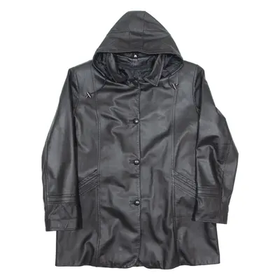 Womens Trench Coat Black Leather 90s Hooded XL
