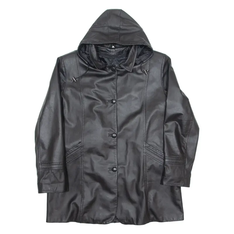 Womens Trench Coat Black Leather 90s Hooded XL