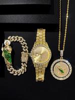 Men Watches, Hip Hop Rhinestone Decorated Watch & Bracelet & Pendants Necklace, Luxury Quartz Watch with Date Display, Fashio...