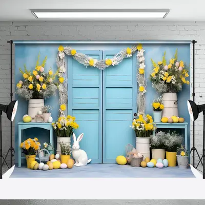 Aperturee Blue Door Yellow Floral Bunny Eggs Easter Backdrop, 3X2FT(1MX0.6M), 14 USD, easter backdrops, NYHD6I06-M