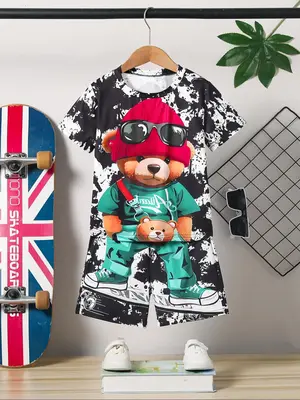 Two-Piece Set Toddler Boy's Bear Print Sweatshirt & Shorts Set, Casual Short Sleeve Round Neck Pullover & Shorts for Summer, ...