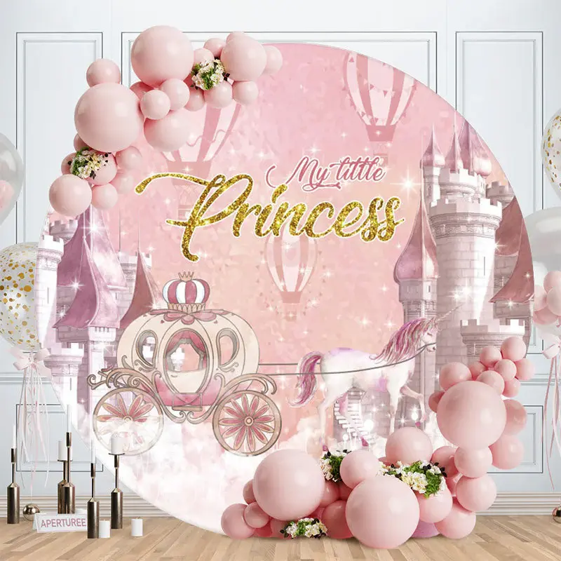 Aperturee Pink Pumpkin Carriage Round Princess Birthday Backdrop