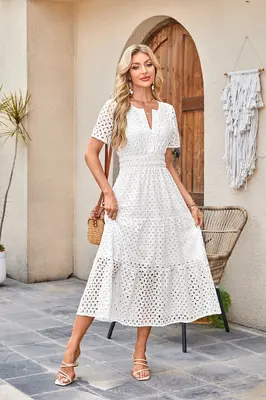 Womens 2025 Summer Maxi Dress Short Sleeve V Neck Hollow Out Eyelet A Line Long Flowy Beach Vacation Dresses