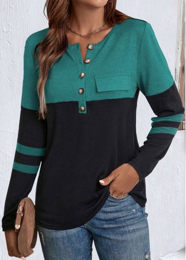 Modlily Black Patchwork Long Sleeve Split Neck T Shirt - L