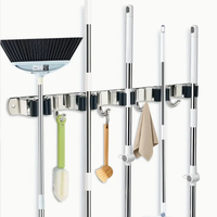 5 Racks and 4 Hooks Mop and Broom Holder Wall Mount, Broom Organizer Storage Tool Racks Stainless Steel Heavy Duty Hooks Self...