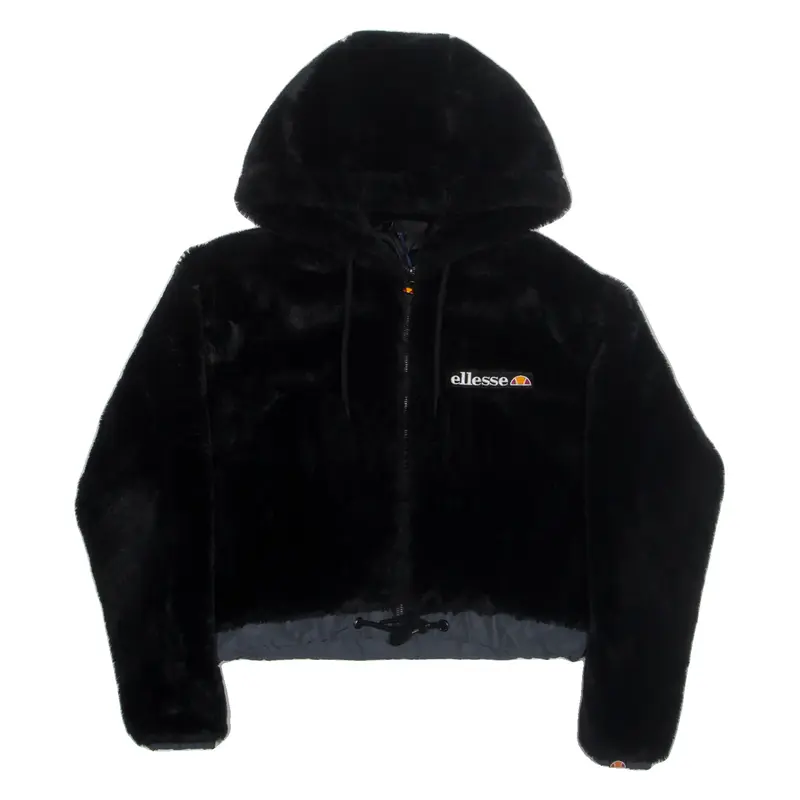 ELLESSE Cropped Faux Fur Womens Black Hoodie Full Zip UK 6
