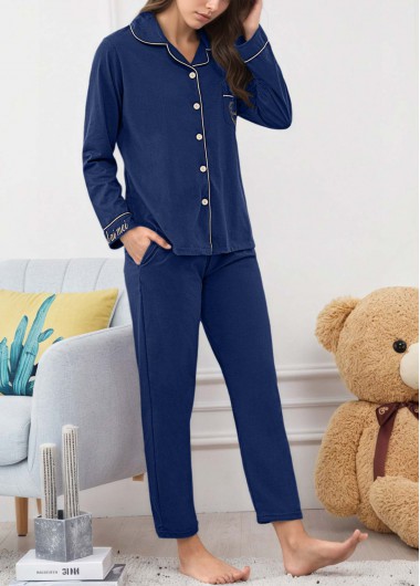 Modlily Dark Blue Letter Print Lounge Top and Pants - M