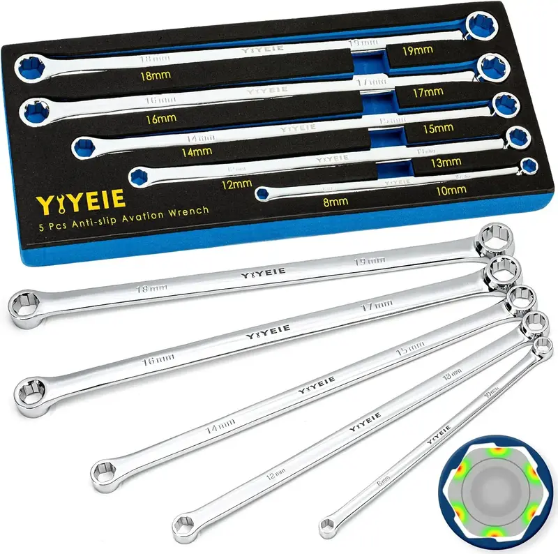 5-Piece Extra Long Box End Wrench Set, Metric 8mm-19mm, 6 Point Extended Bolt Extractor Wrench, CR-V Labor-Saving Aviation Sp...