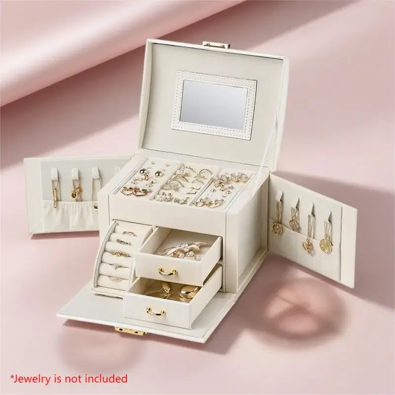 Multi-grid Dustproof Jewelry Box, 1/2 Counts Jewelry Storage Organizer with Mirror, Girly Bedroom Accessories, PU Leather Con...