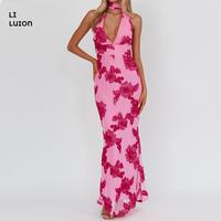 Women Backless Halter Maxi Dress Embellished Pink/Blue Sleeveless Dress Backless FlowerFit Cocktail Dress For Party
