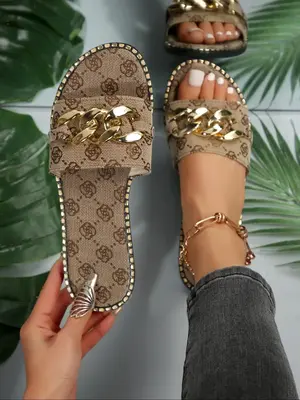 Women's Fashionable Chain Decorated Slides, 2024 New Style Casual Comfortable Footwear Slippers for Summer, Lightweight Breat...