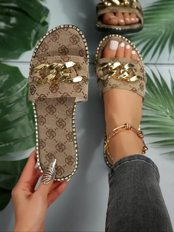 Women's Fashionable Chain Decorated Slides, 2024 New Style Casual Comfortable Footwear Slippers for Summer, Lightweight Breat...