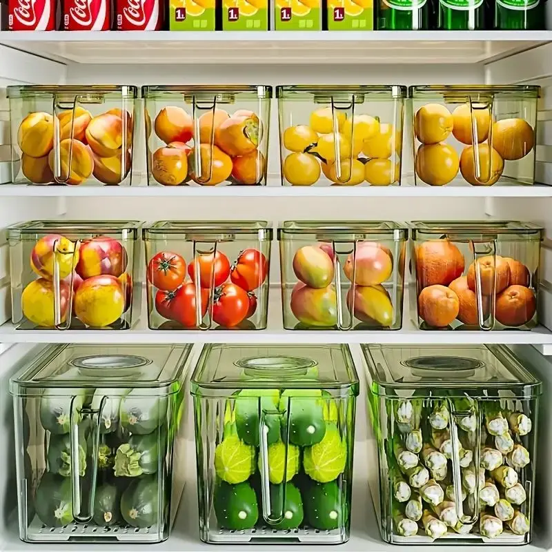 Clear Refrigerator Fruit & Vegetable Organizer, 1 Count Large Capacity Food Storage Box With Lid & Handle, Refrigerator Food ...