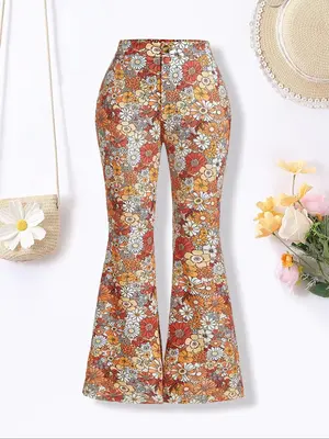 Girl's All Over Floral Print Flare Leg Pants, Casual Comfy Bell Bottom Trousers for Fall & Winter, Kids Bottoms for Daily Wea...