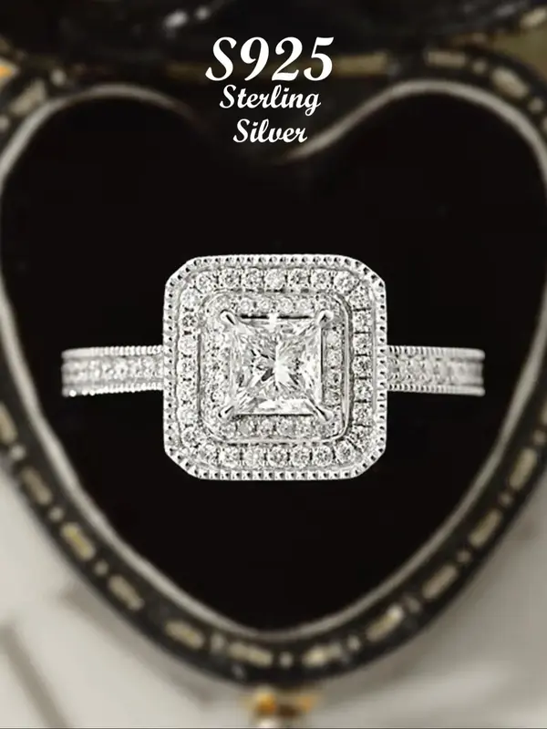 S925 Sterling Silver Elegant Square Zircon Decor Ring, Trendy Exquisite Wedding Ring for Women, Fashion Luxury Jewelry for Pa...