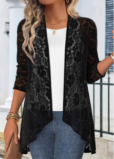 Modlily Black Lace 3/4 Sleeve Light Cardigan - XL
