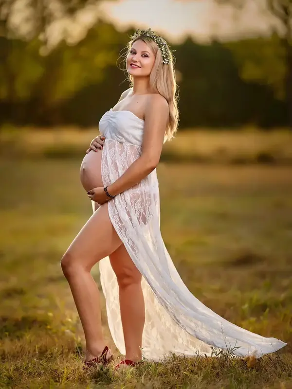 Women's Floral Lace Ruched Sheer Split Hem Tube Maternity Dress, Elegant Backless Sleeveless High Waist Maxi Dress for Matern...