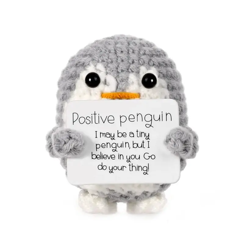 Positive Penguin Decorative Ornament, 1/8 Counts Funny Knitted Penguin Ornament with Positive Card, Cute Positive Penguin Cro...