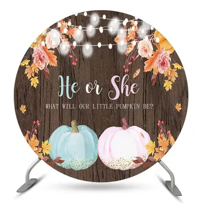 Aperturee He Or She Pumpkin Wood Round Baby Shower Backdrop | Baby Shower Round Backdrop | Round Backdrop Fabric Cover | Circ...