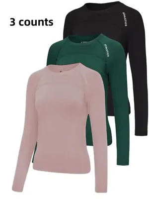 Women's Sporty Slim-Fit Long Sleeve T-Shirt Set, Spring & Fall Outdoor Fitness Running Tops, Comfortable Knitted Elastane Fab...