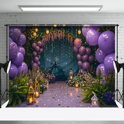 Arch Purple Balloon Light Floral Cake Smash Backdrop